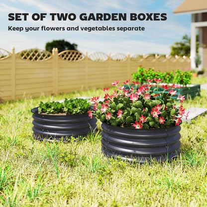Outsunny Set of 2 Raised Garden Bed, Metal Planter Box with Safety Edging, Easy-to-assemble Stock Tank, Dark Grey