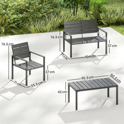 Outsunny 4 Piece Garden Furniture Set, Outdoor Sofa Set with HDPE Slatted Loveseat Armchairs Coffee Table Metal Frame, Dark Grey