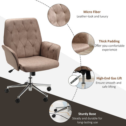 Vinsetto Office Desk Chair, Microfibre Vanity Chair with Adjustable Height, Armrest, Swivel Chair for Home, Coffee