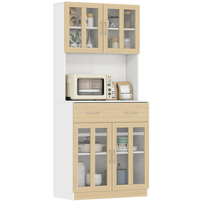 HOMCOM Modern Kitchen Cupboard, Freestanding Storage Cabinet Hutch with Central Drawer, 2 Glass Door Cabinets, White