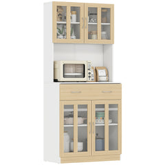 HOMCOM Modern Kitchen Cupboard, Freestanding Storage Cabinet Hutch with Central Drawer, 2 Glass Door Cabinets, White