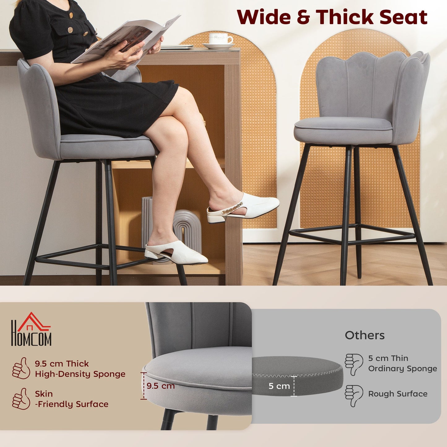 HOMCOM Set of Two Velvet-Feel Lotus Bar Stools - Grey