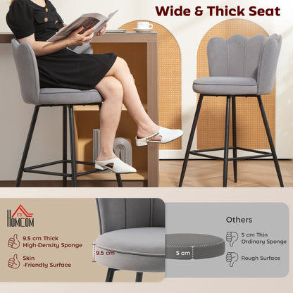 HOMCOM Set of Two Velvet-Feel Lotus Bar Stools - Grey