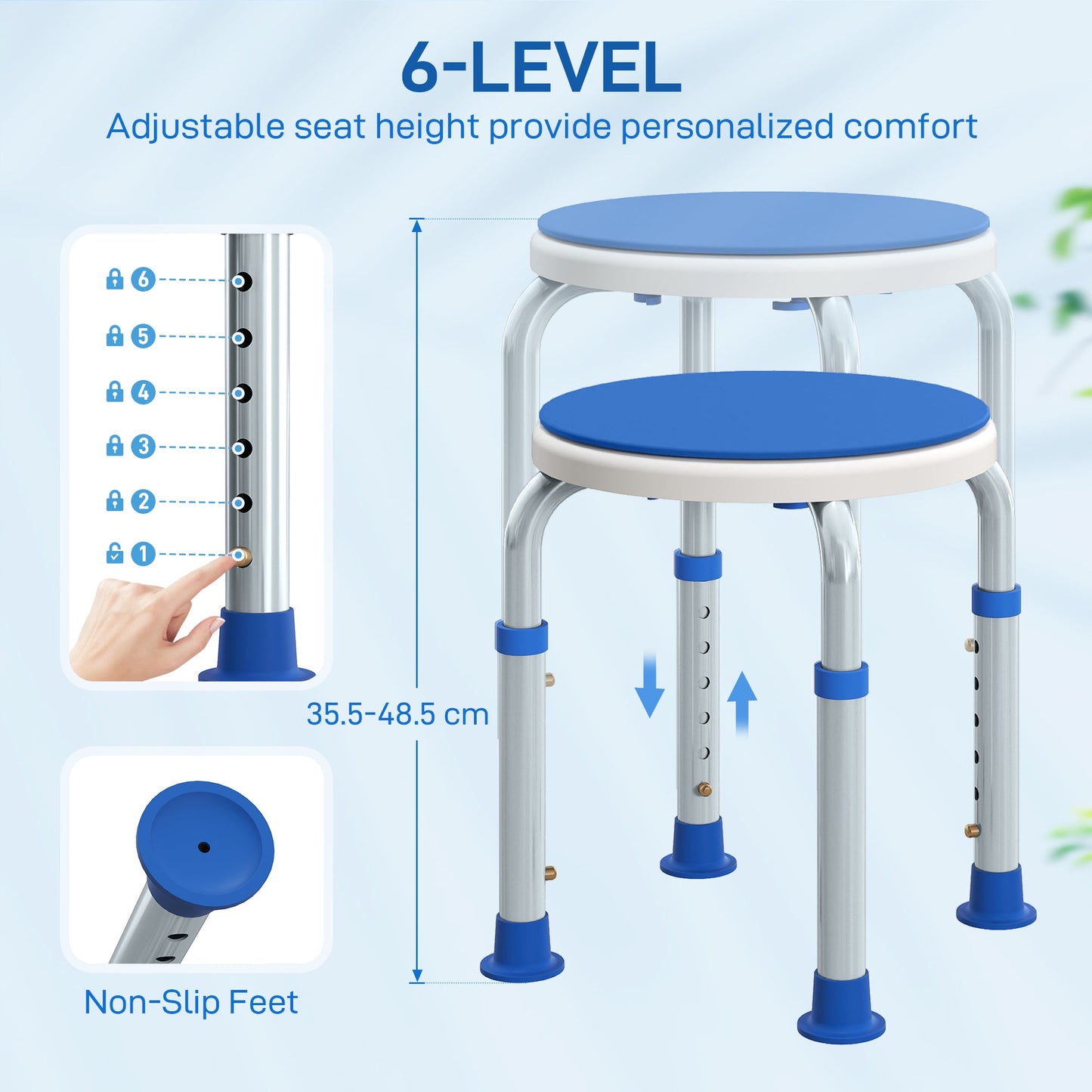 HOMCOM 360 Swivel Shower Chair, Height Adjustable Aluminium Shower Stool with Non-Slip Feet for Disabled, Elderly, Blue