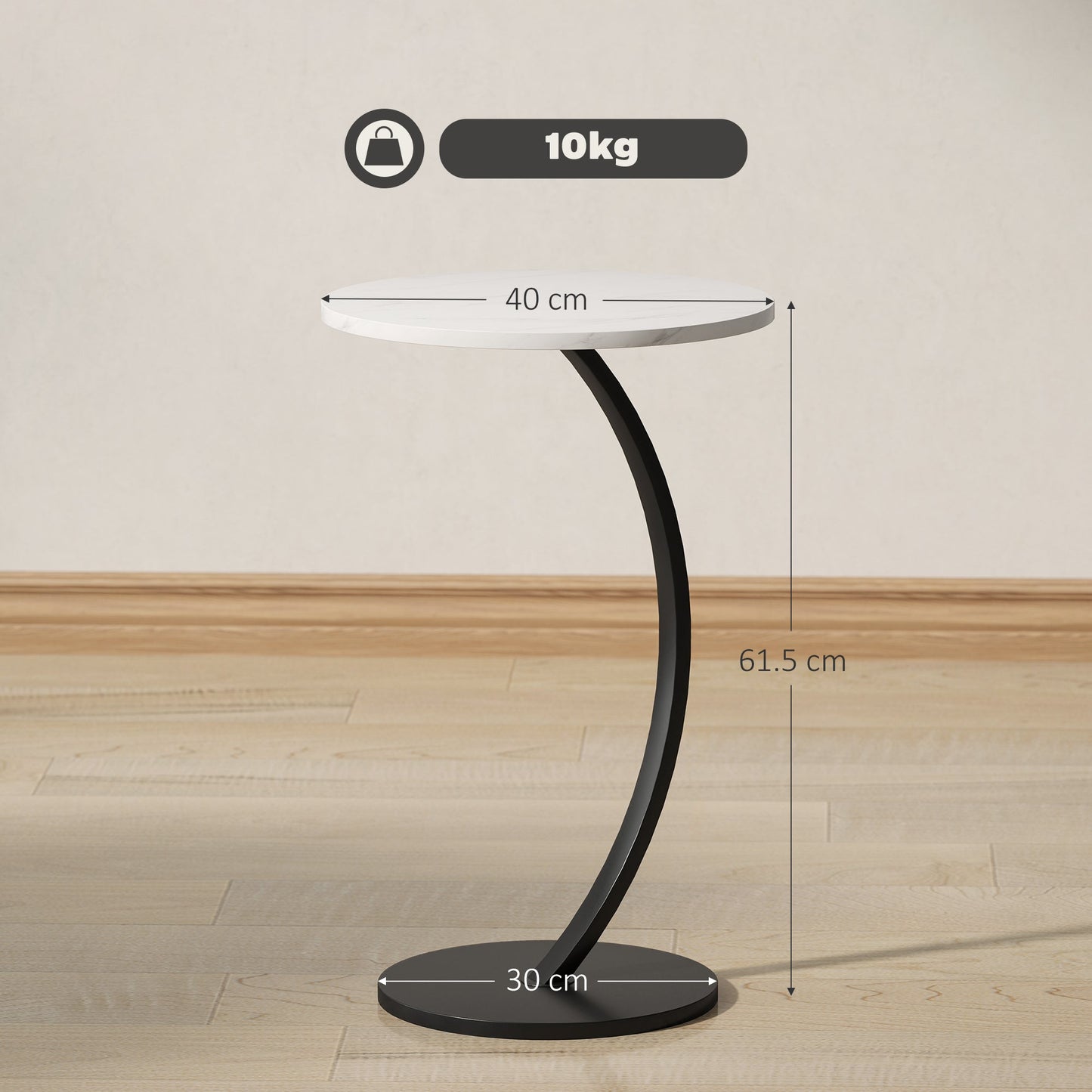 HOMCOM C Shaped Side Table, Round Bedside Table with Marble Effect Top, Modern Coffee Table Sofa End Table with Metal Frame for Living Room Bedroom Office, White