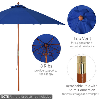 Outsunny 2.5m Garden Parasol Umbrella, Outdoor Market Table Umbrella with Wooden Pole & 8 Fibre Glass Ribs, Round Sun Shade Canopy, Blue