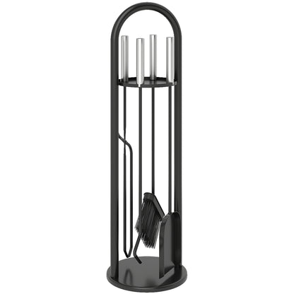 Outsunny 5 Pieces Fireplace Tools Set, Metal Fireplace Accessories Fireside Companion Set with Broom, Shovel, Poker and Bucket, Silver