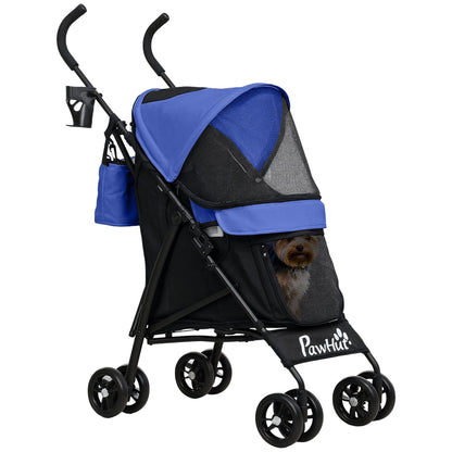 PawHut Foldable Dog Stroller, Lightweight Dog Pram w/ Shoulder Strap, Storage Bag, Cup Holder, Dark Blue