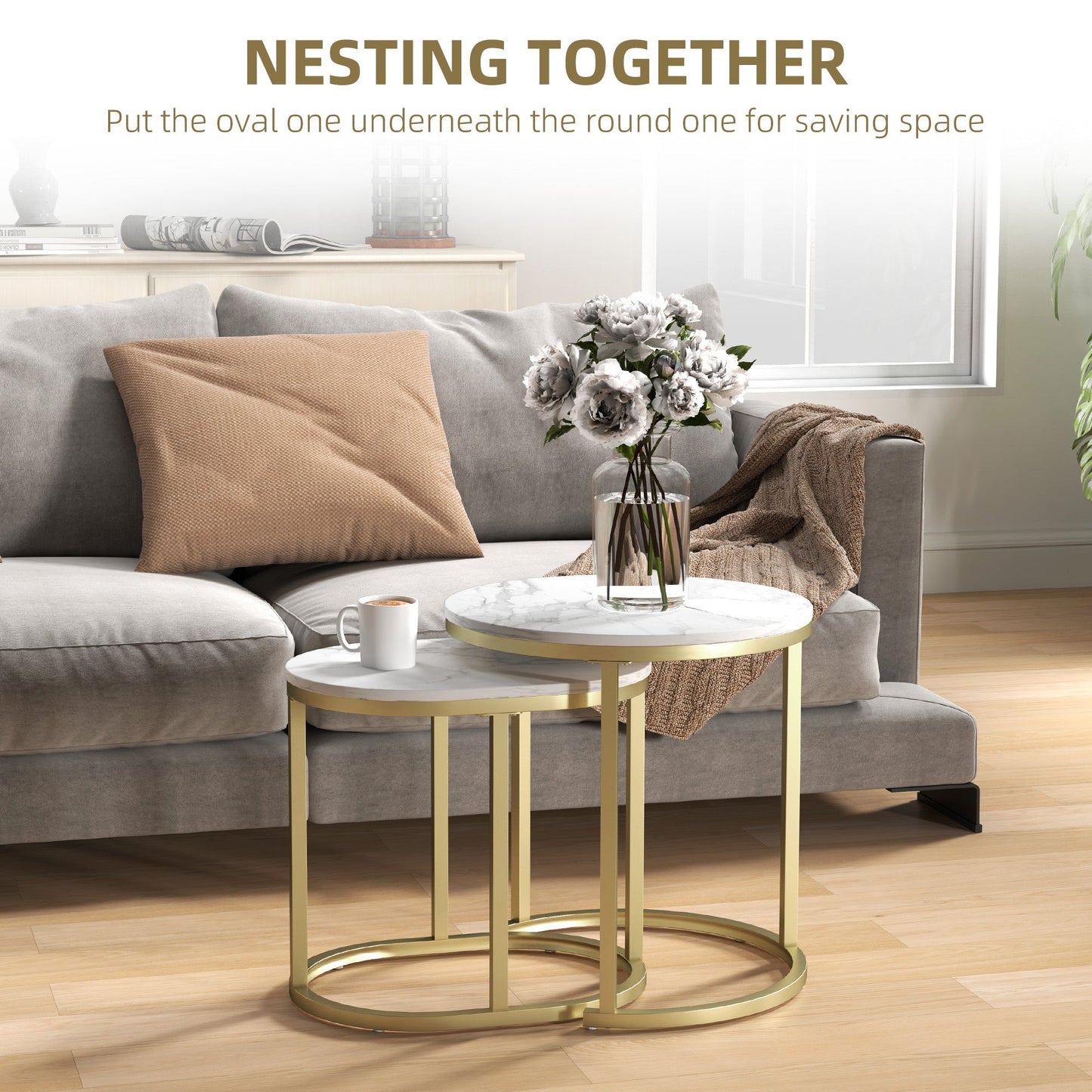 HOMCOM Marble-Effect Nest of Tables - Gold Tone/White