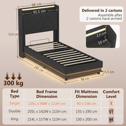 HOMCOM 3ft Single Bed Frame with Headboard, Platform Bed Frame with Hydraulic Storage, LED Lights and Charging Station, Black
