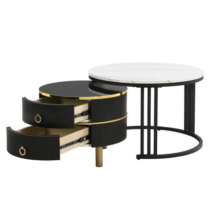 2-in-1 Round Marble Coffee Table Set with Glossy Tops, 2 Drawers, 70x70x46 + 50x50x40 cm, White+Black