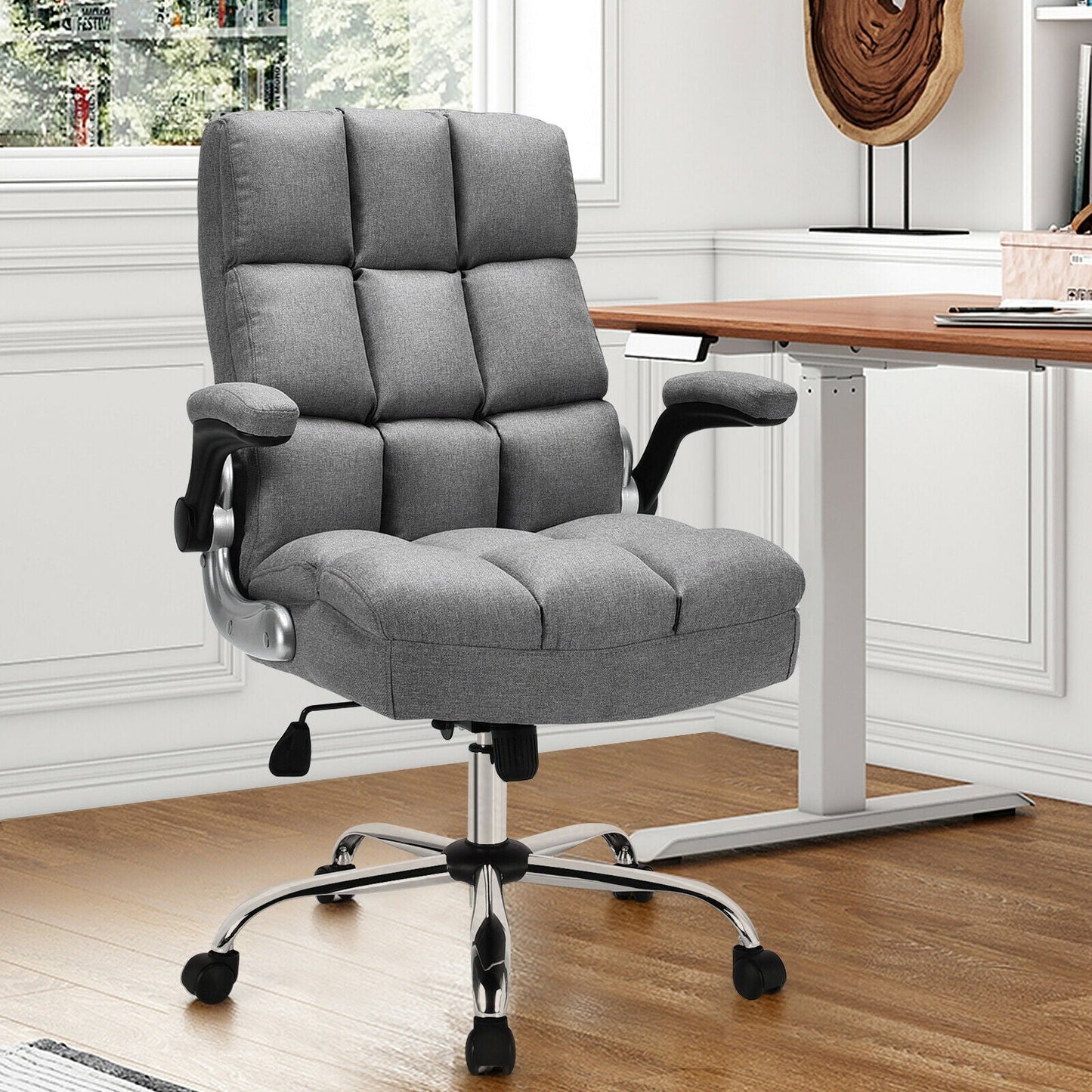Linen Upholstered Executive Chair with Ergonomic High Back for Home Office-Grey