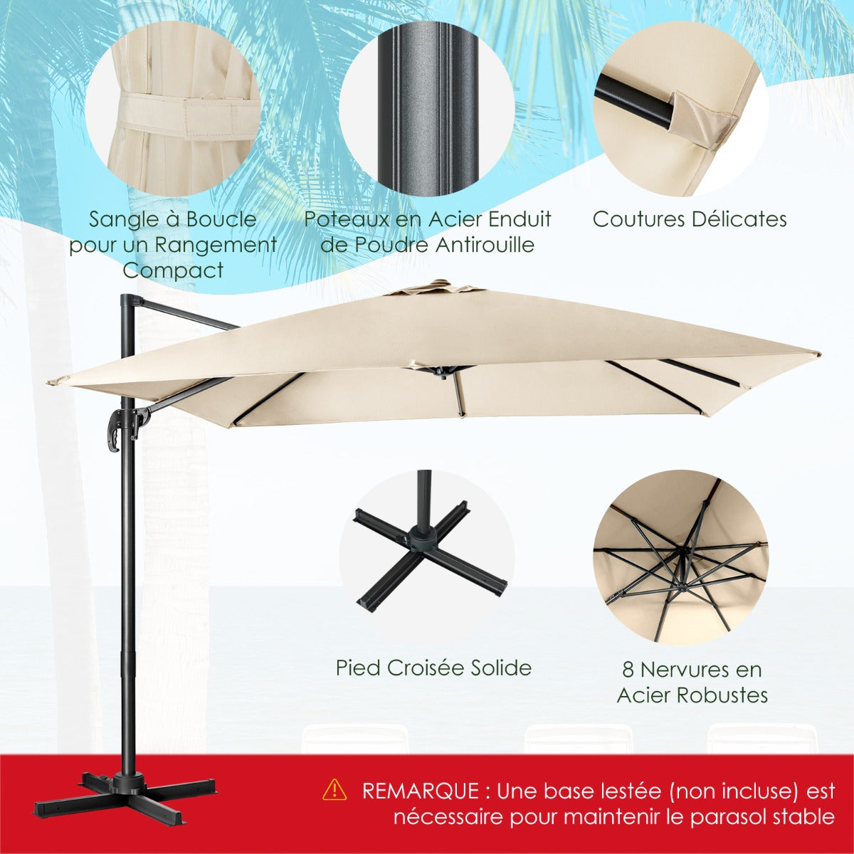 Parasol with 3 tilt settings for gardens terraces cafes 300 x 300 x 273 cm Beige