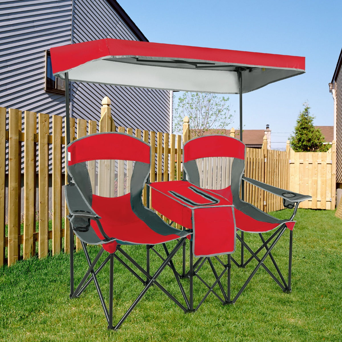 Double Folding Camping Chair with Canopy and Armrests-Red