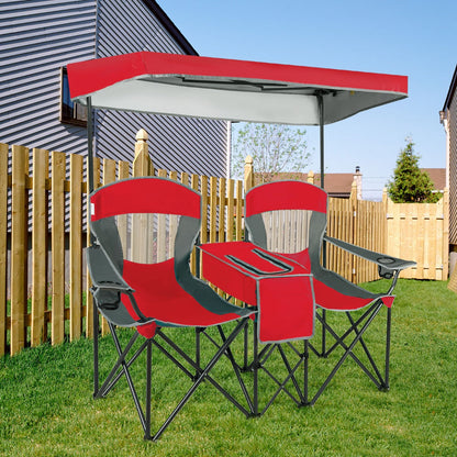 Double Folding Camping Chair with Canopy and Armrests-Red