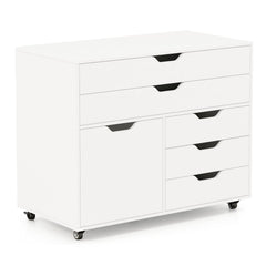 5-Drawer Chest with Door Mobile Chest of Drawers with 5 Casters-White