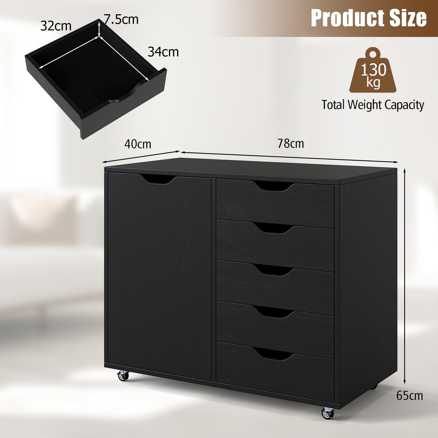 5-Drawer Chest with Door and Adjustable Shelf-Black