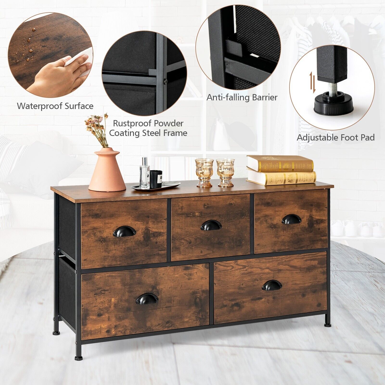 5-Drawer Multifunction Dresser with Foldable Drawers and Wooden Top-Rustic Brown