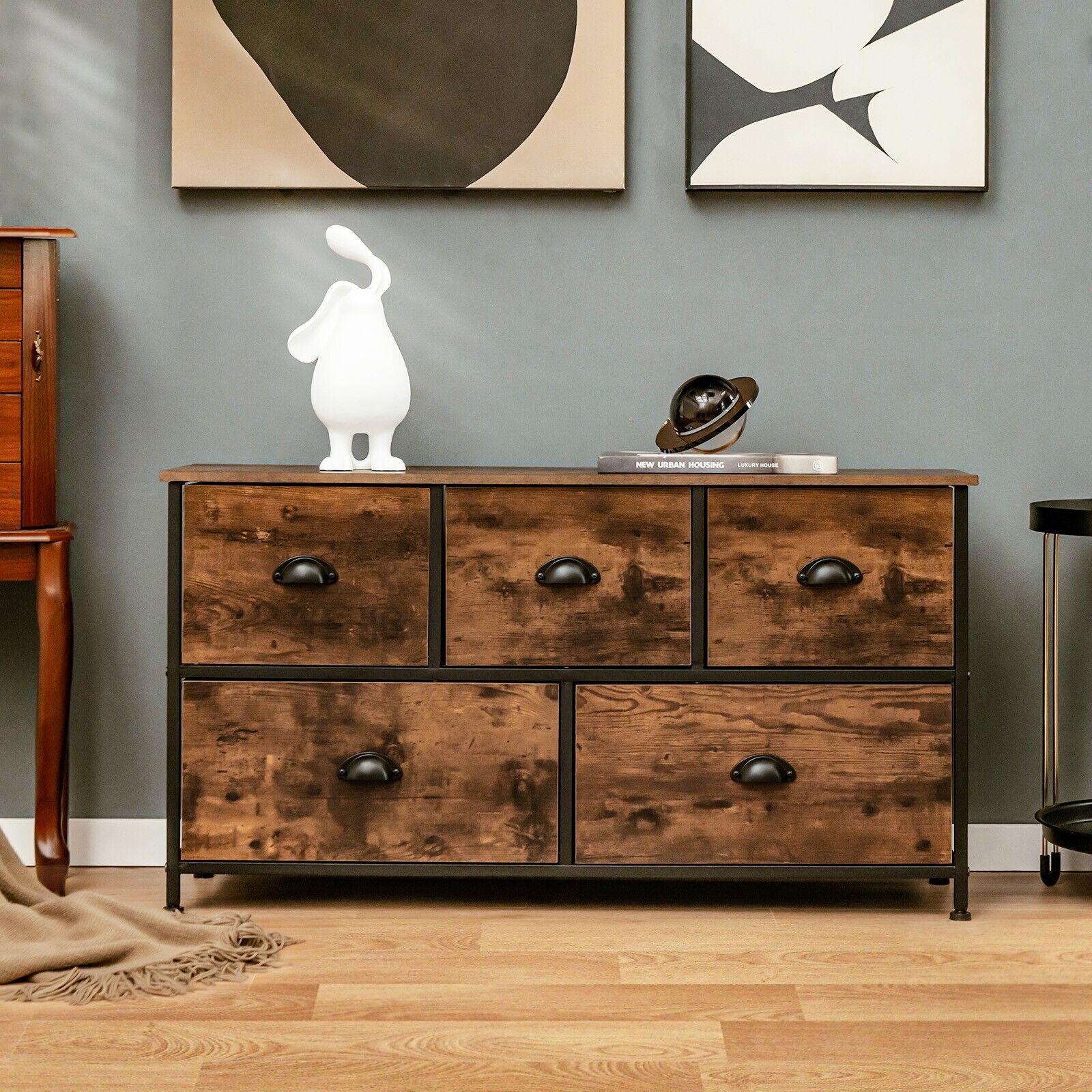 5-Drawer Multifunction Dresser with Foldable Drawers and Wooden Top-Rustic Brown