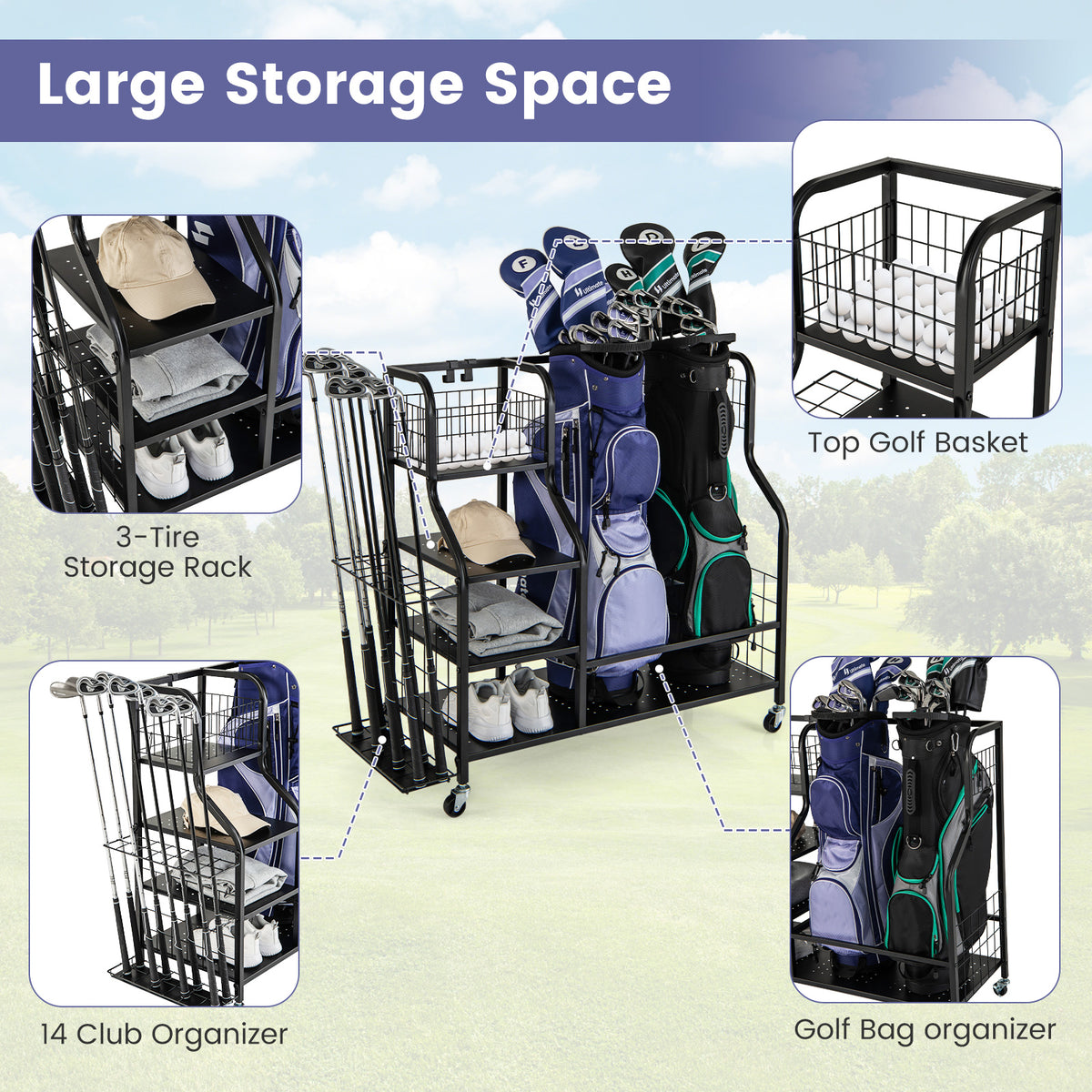 5-In-1 Golf Bag Storage Organizer with Storage Basket-Black