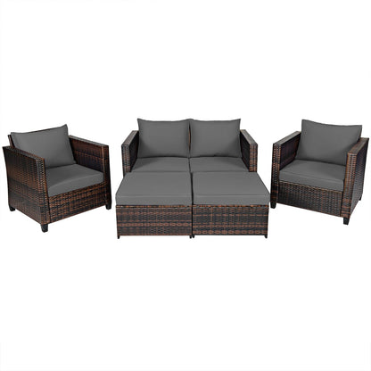 5 Pieces Outdoor Rattan Patio Furniture Set with Removable Cushions-Grey