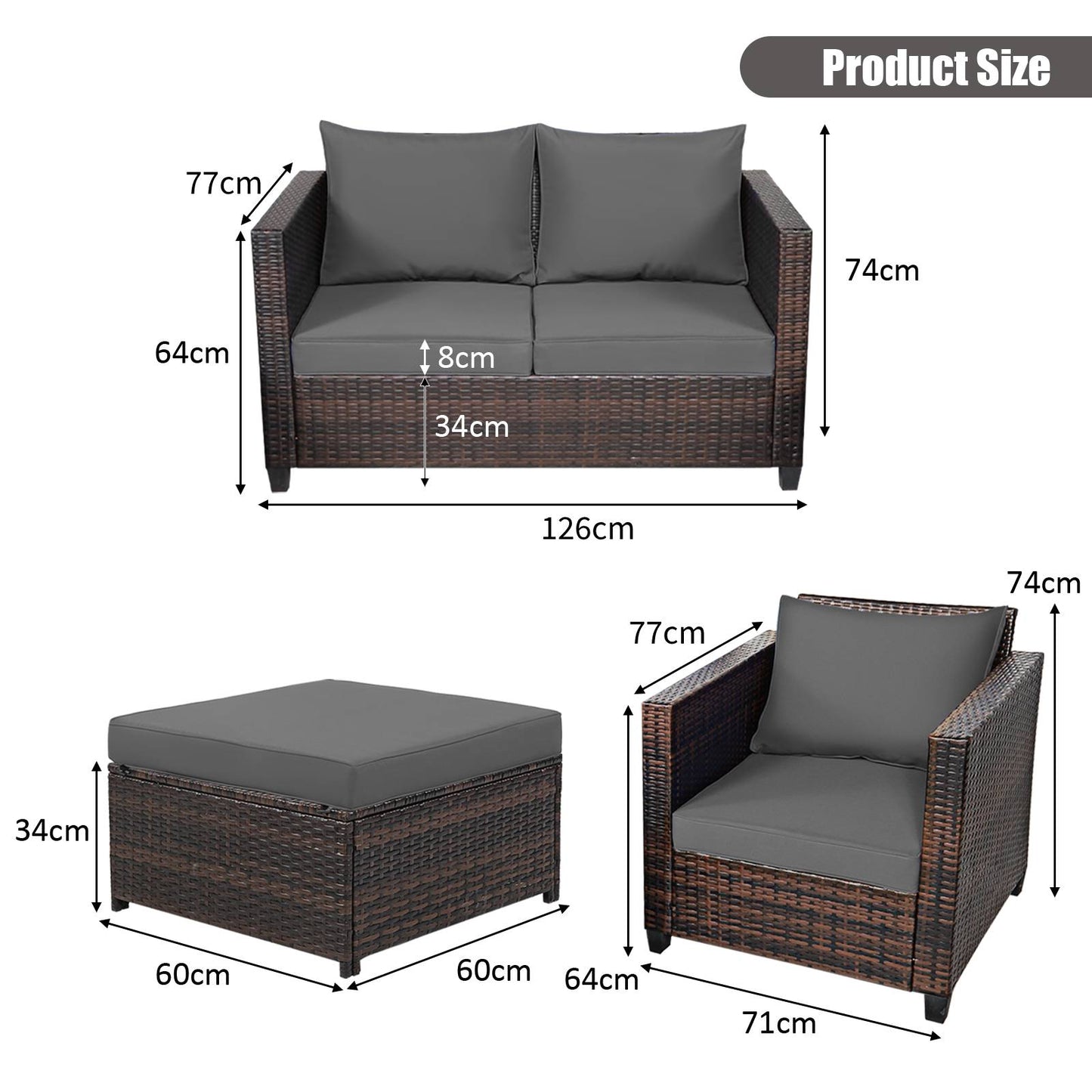 5 Pieces Outdoor Rattan Patio Furniture Set with Removable Cushions-Grey