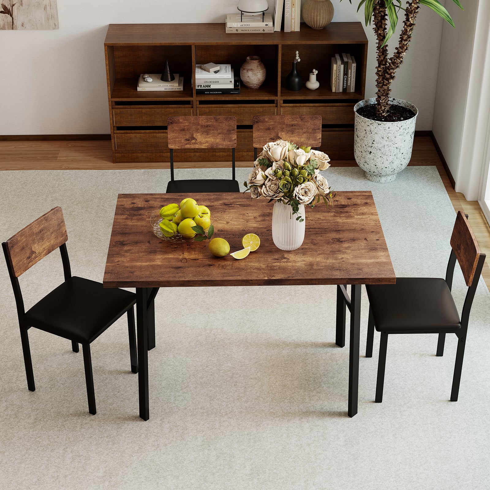 5-Piece Dining Table Set for 4 People with Metal Leg for Small Room-Brown