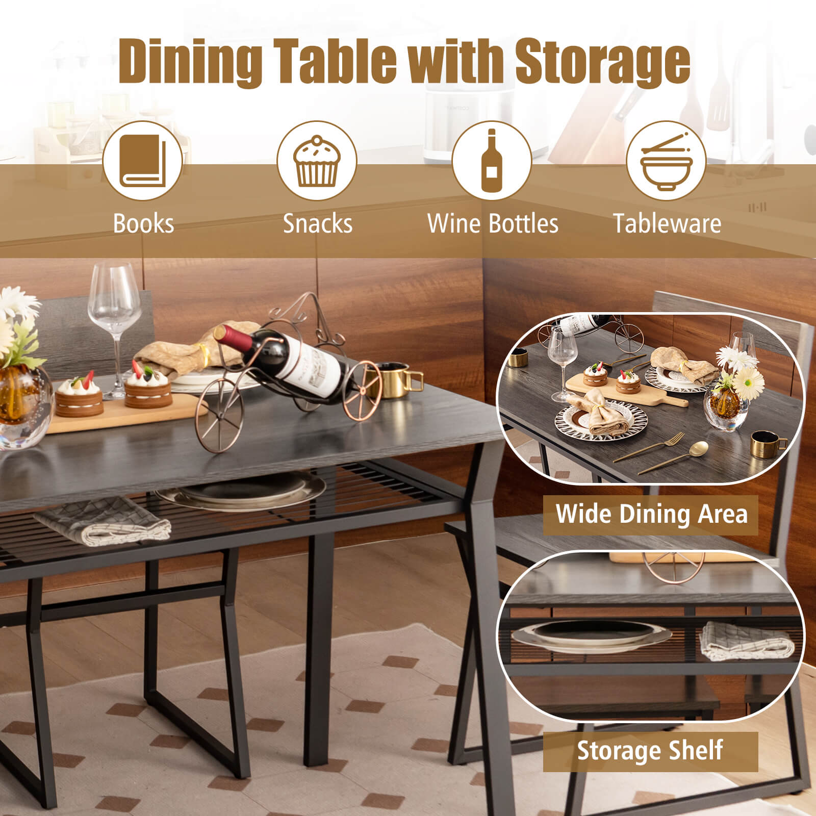 5 Piece Dining Table Set with Storage Rack and Metal Frame-Grey