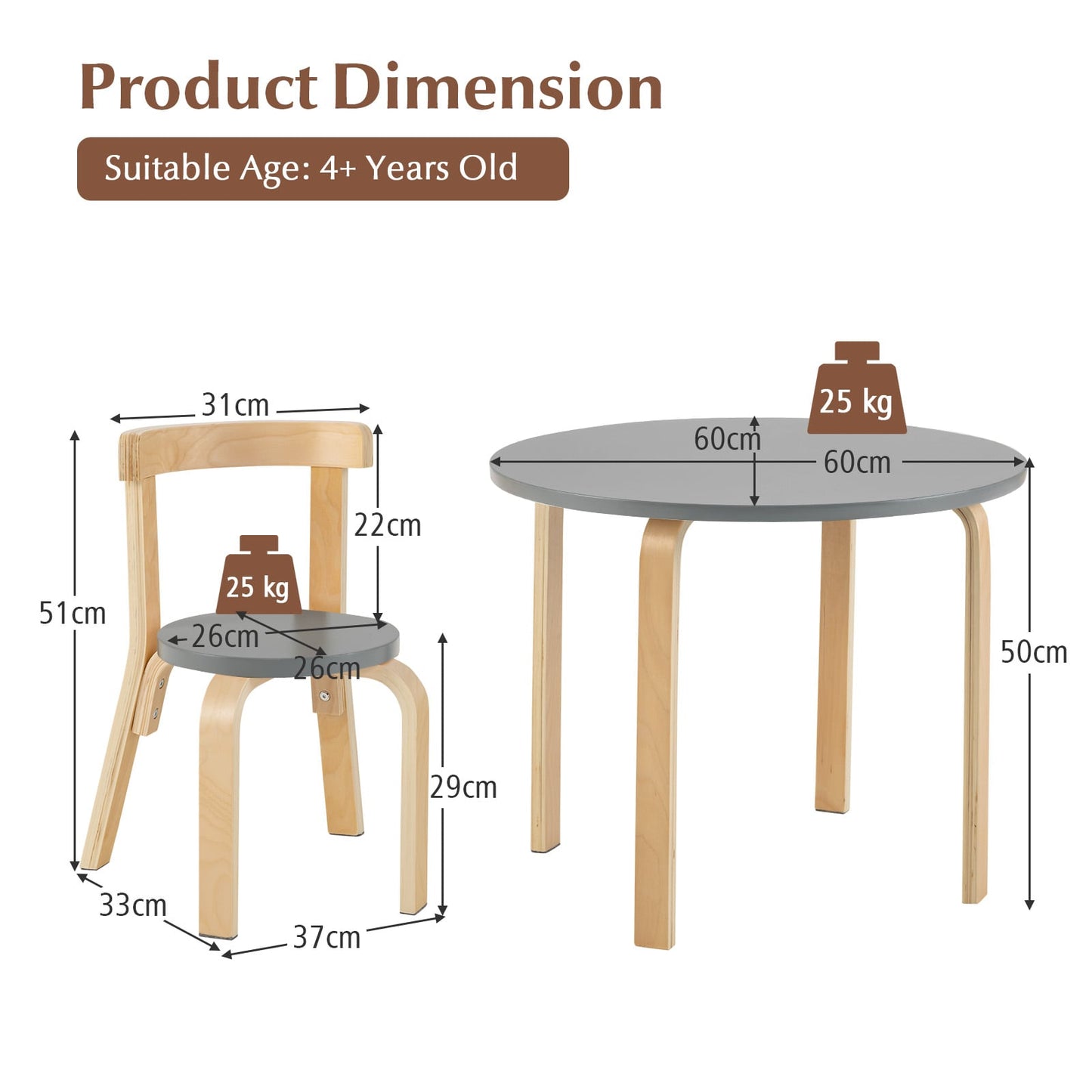 5 Pieces Kids Bentwood Curved Back Table and Chair Set-Grey