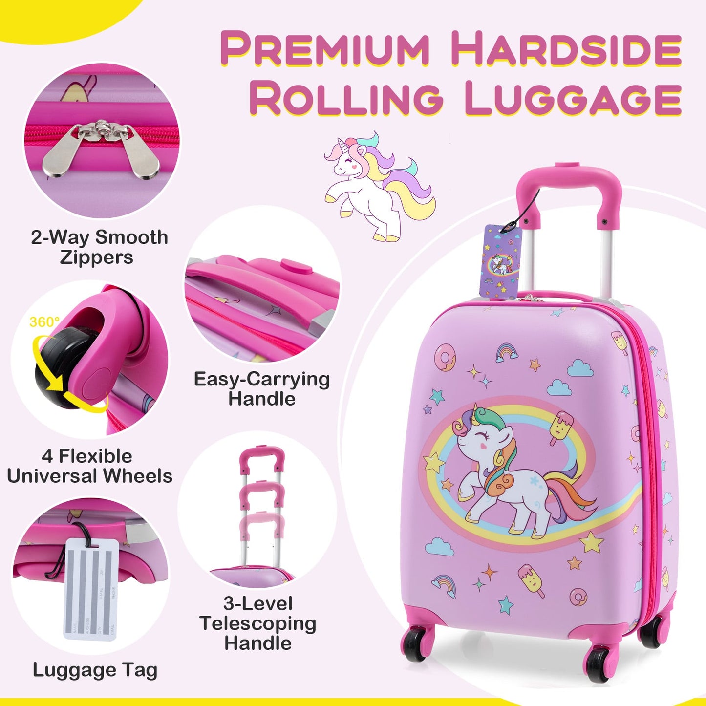 5 Piece Kids Luggage Set Carry-on Children Rolling Suitcase Set with Backpack-Purple