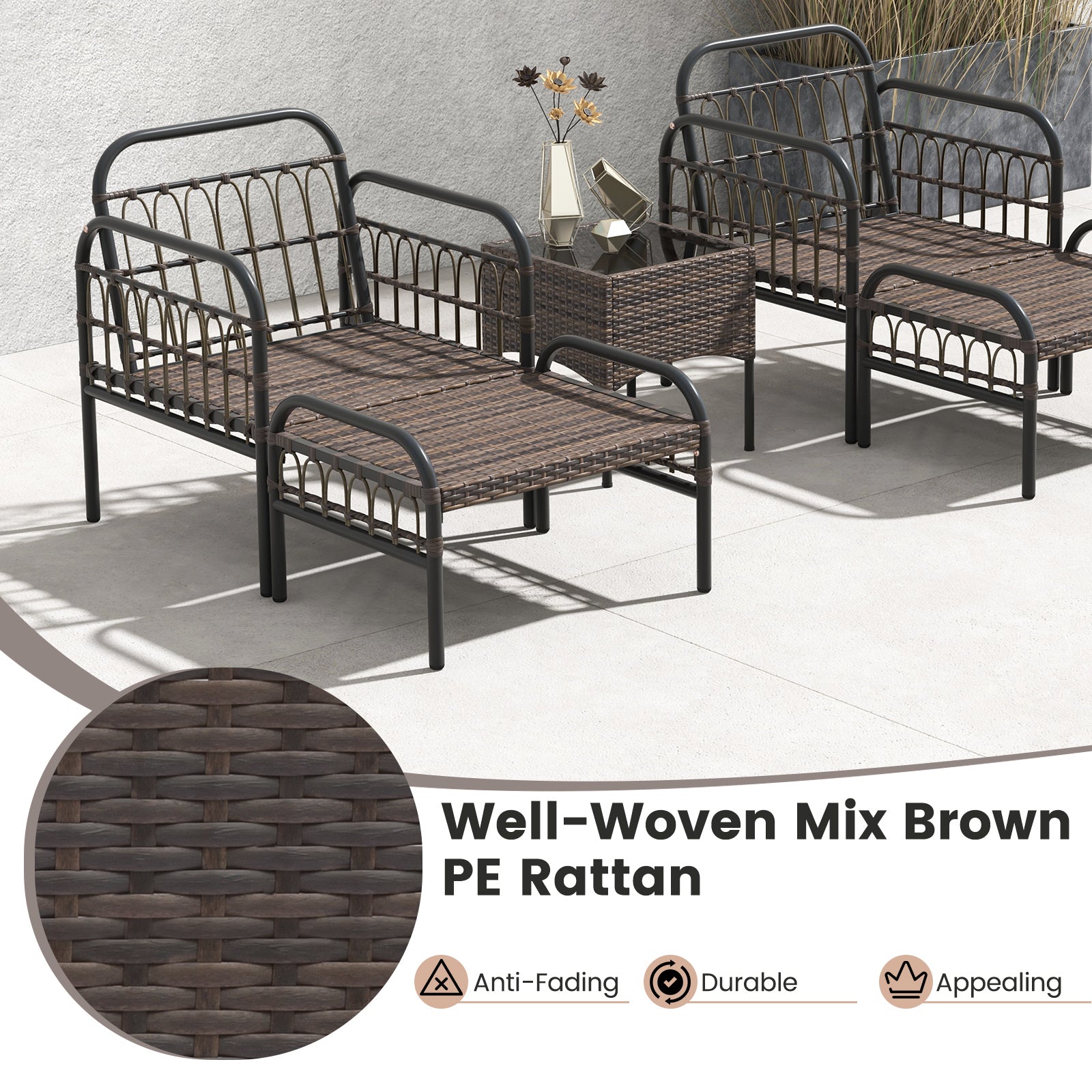 5 Piece Patio Conversation Set with Ottomans and Coffee Table-White