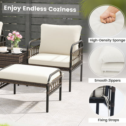 5 Piece Patio Conversation Set with Ottomans and Coffee Table-White