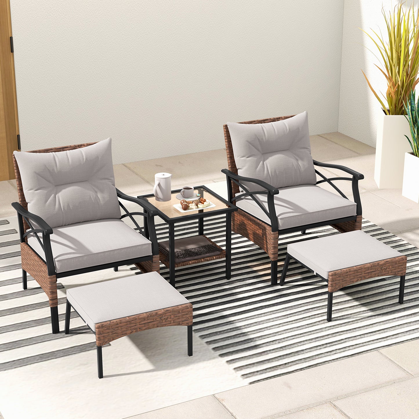 5 Piece Patio Furniture Set with Soft Seat and Back Cushions Included-Brown