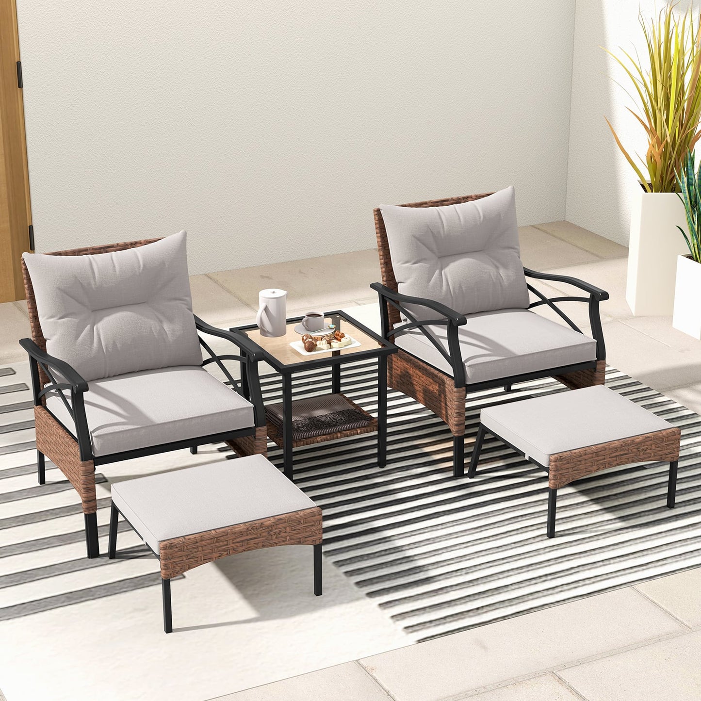 5 Piece Patio Furniture Set with Soft Seat and Back Cushions Included-Brown