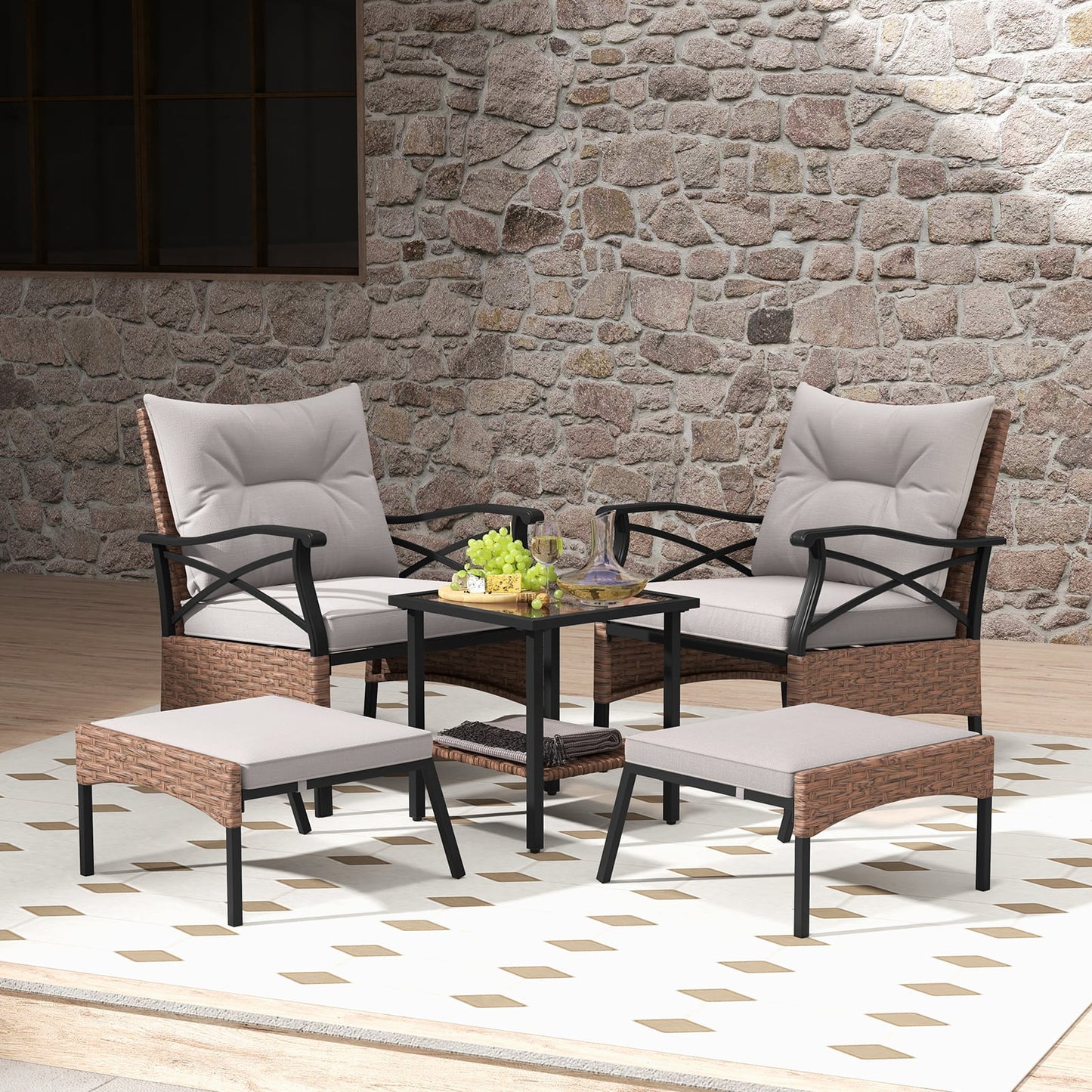 5 Piece Patio Furniture Set with Soft Seat and Back Cushions Included-Brown