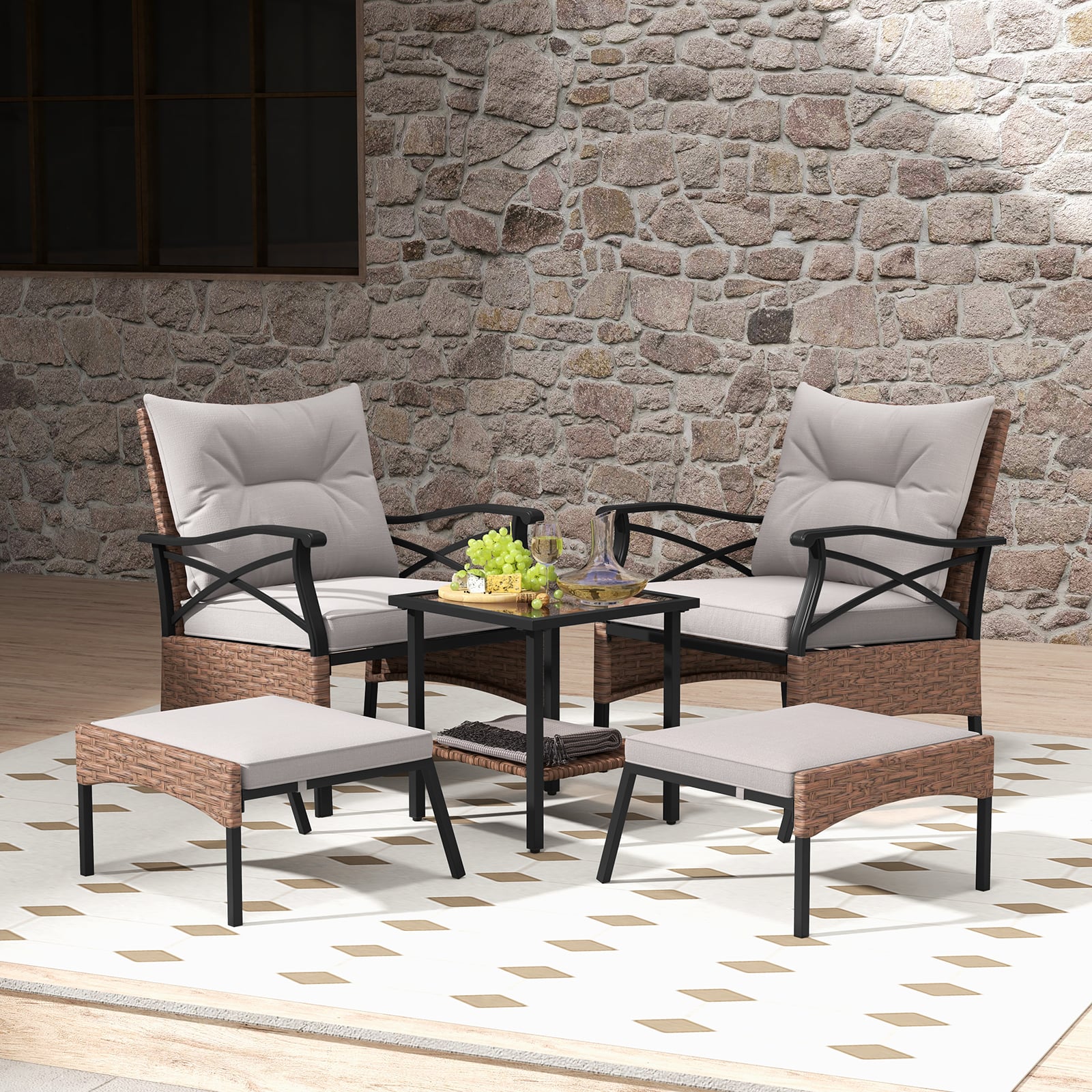 5 Piece Patio Furniture Set with Soft Seat and Back Cushions Included-Brown