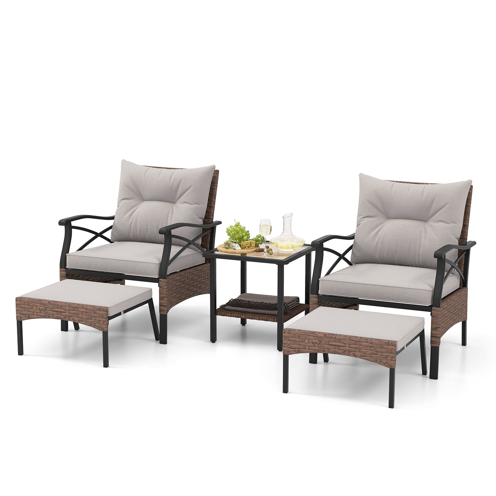 5 Piece Patio Furniture Set with Soft Seat and Back Cushions Included-Brown