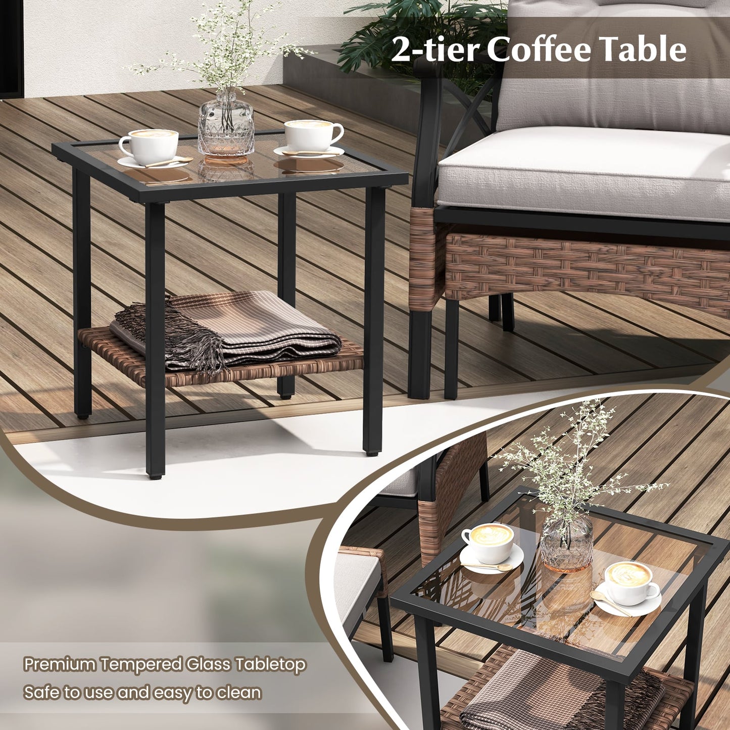 5 Piece Patio Furniture Set with Soft Seat and Back Cushions Included-Brown