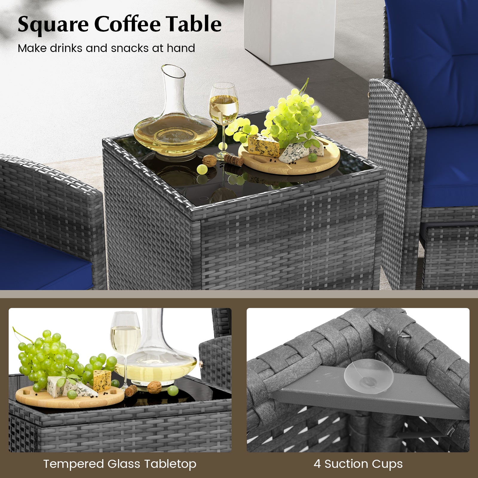 5 Piece Wicker Patio Furniture Set with 2 Cushioned Chairs and 2 Ottomans-Navy