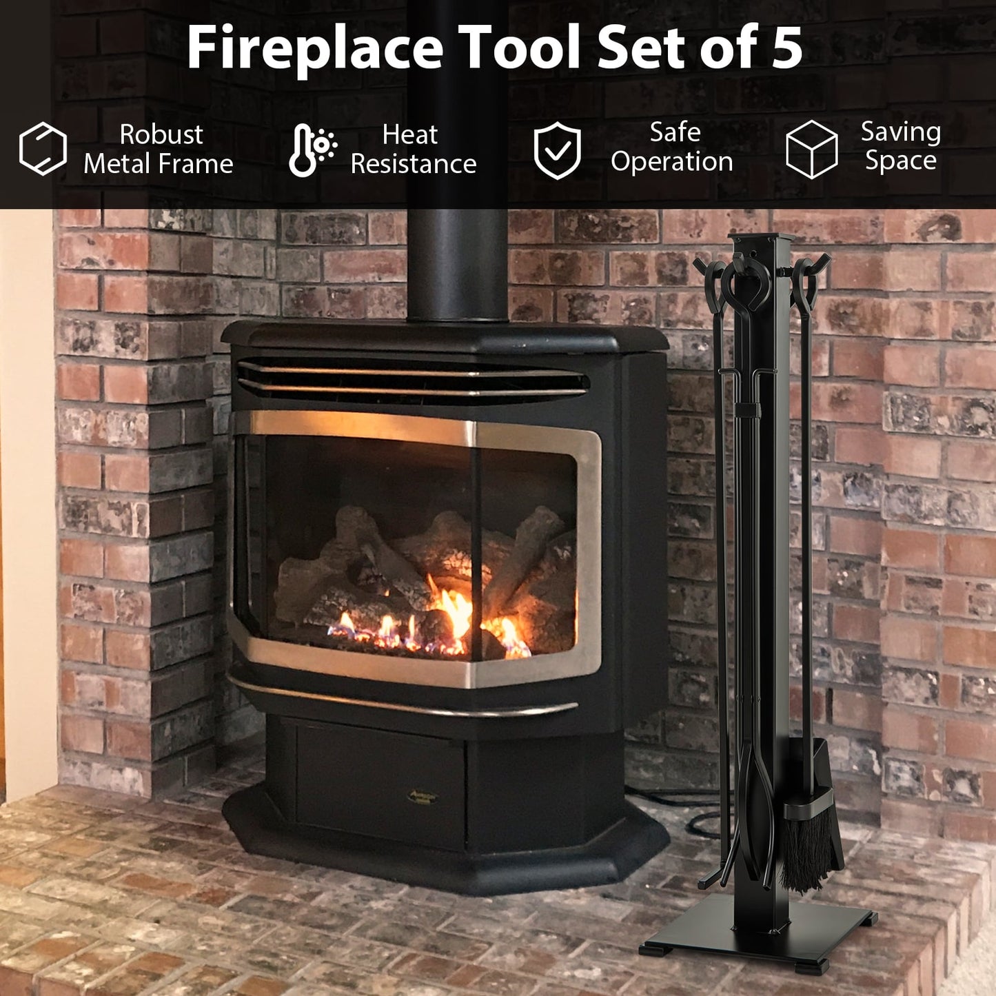5 Pieces Fireplace Tools Set with Poker and Base Stand Holder