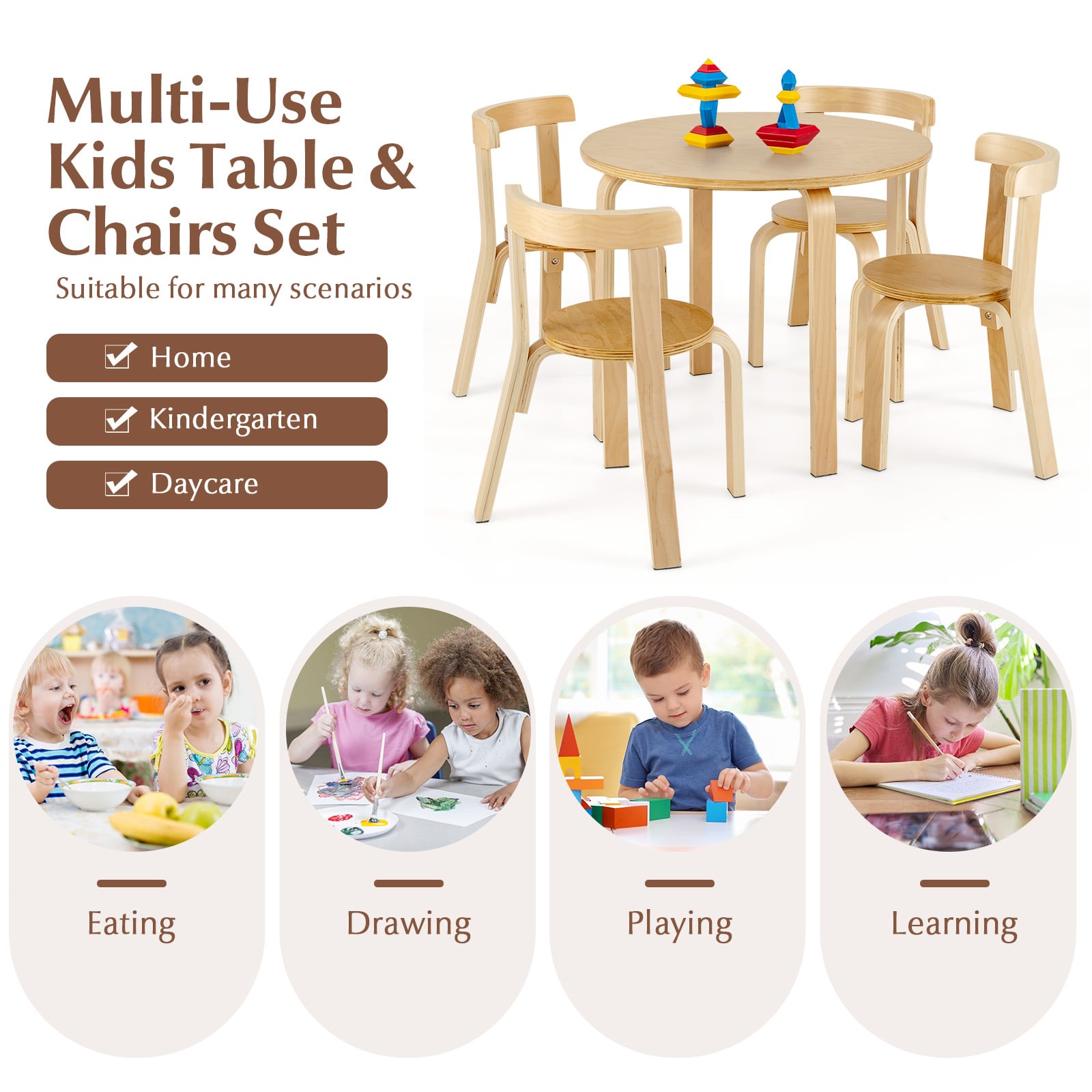 5 Pieces Kids Bentwood Curved Back Table and Chair Set-Natural