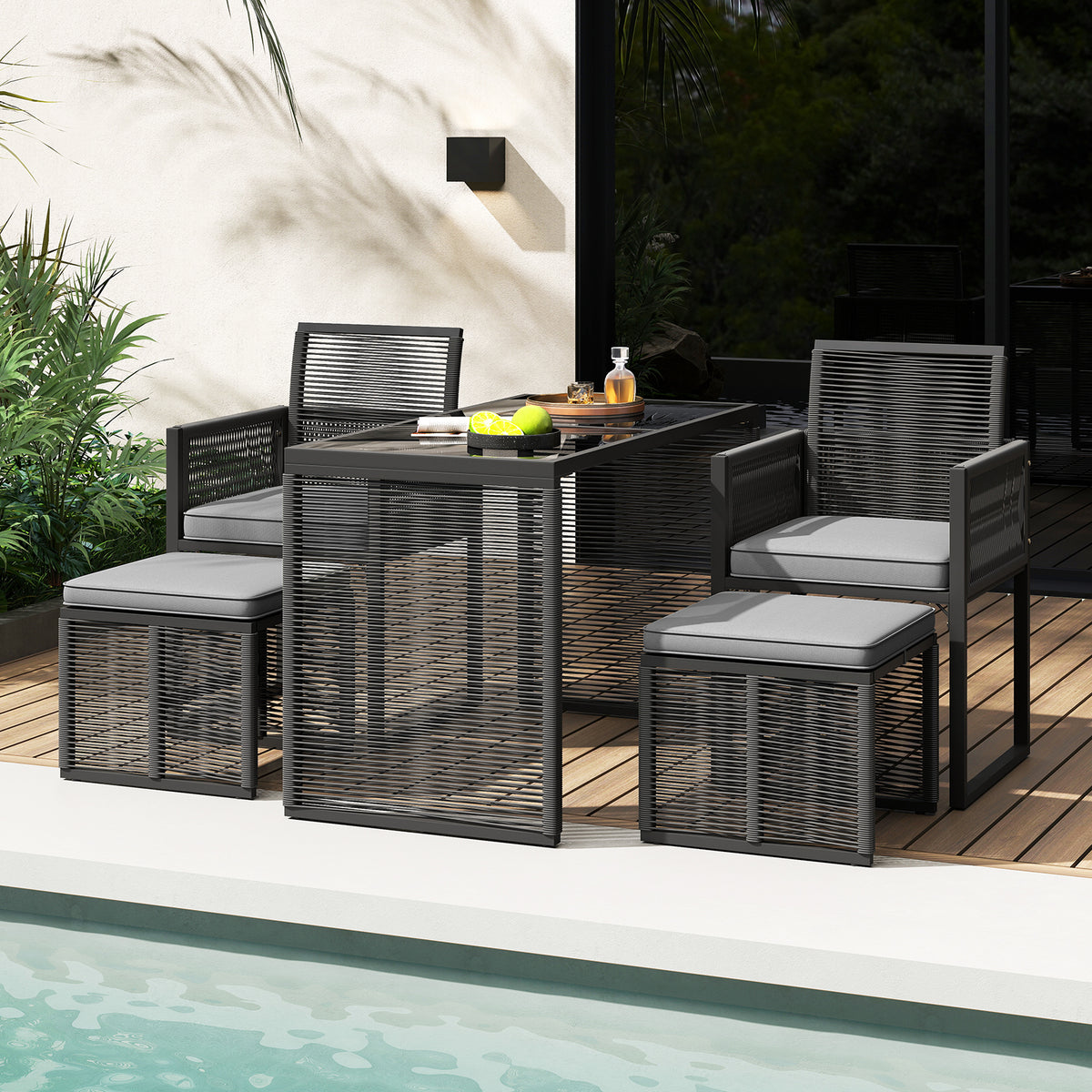 5 Pieces Patio Dining Set with Removable Cushions and Rattan Ottomans-Grey