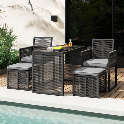 5 Pieces Patio Dining Set with Removable Cushions and Rattan Ottomans-Grey