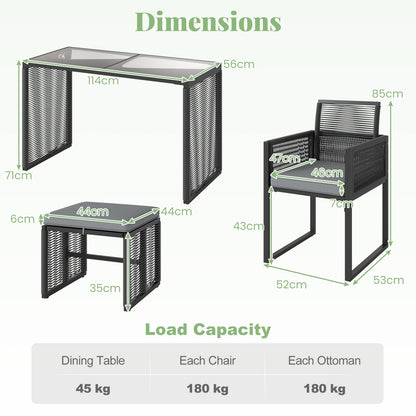 5 Pieces Patio Dining Set with Removable Cushions and Rattan Ottomans-Grey