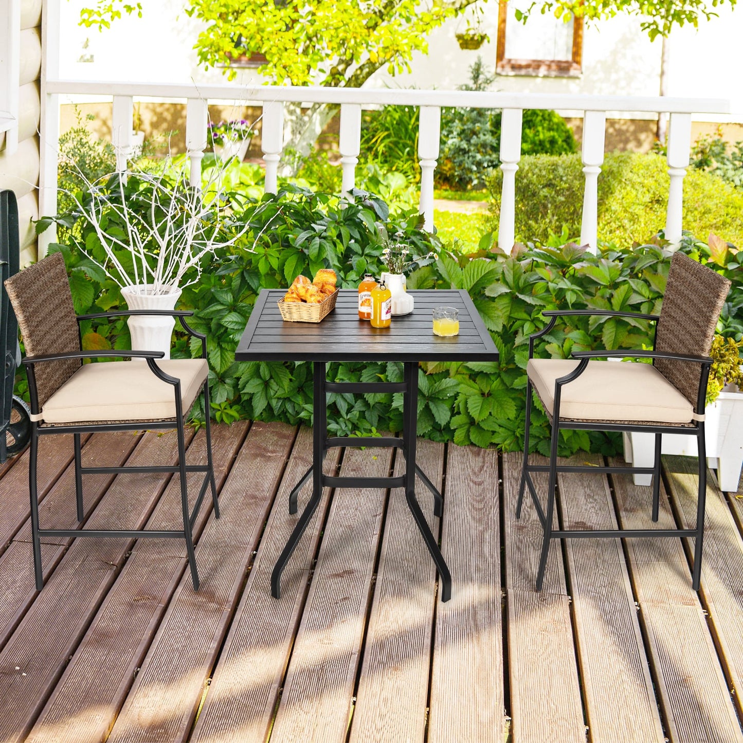 5 Pieces Patio Rattan Bar Stool Set with 4 Wicker Bar Chairs and 1 Bar Table