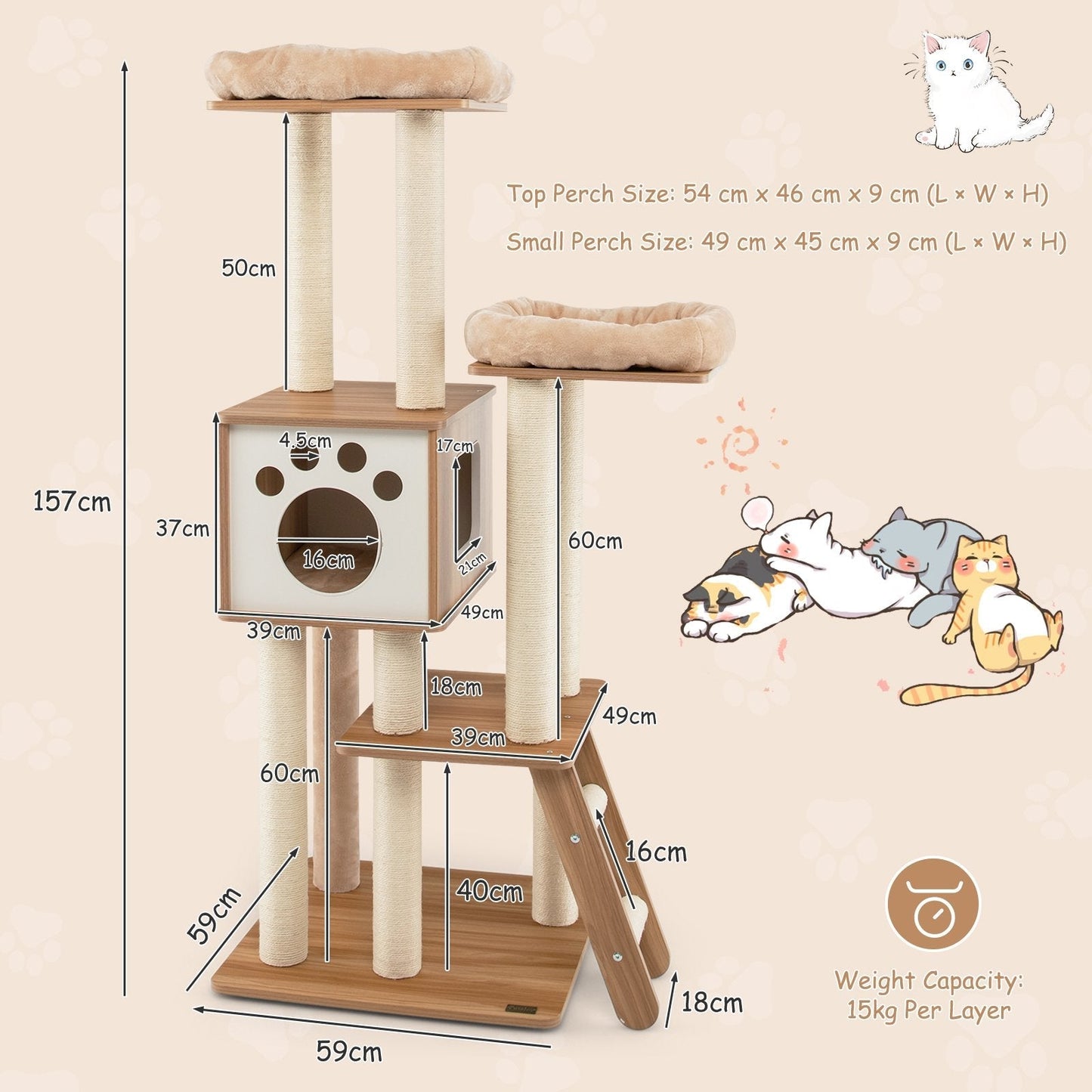 5-Tier Cat Tree Tower with Cando and 2 Padded Plush Perches
