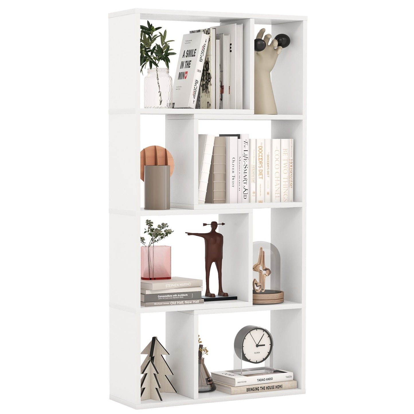 5-Tier Geometric Bookshelf with 8 Cubes Floor Standing Open Display-White