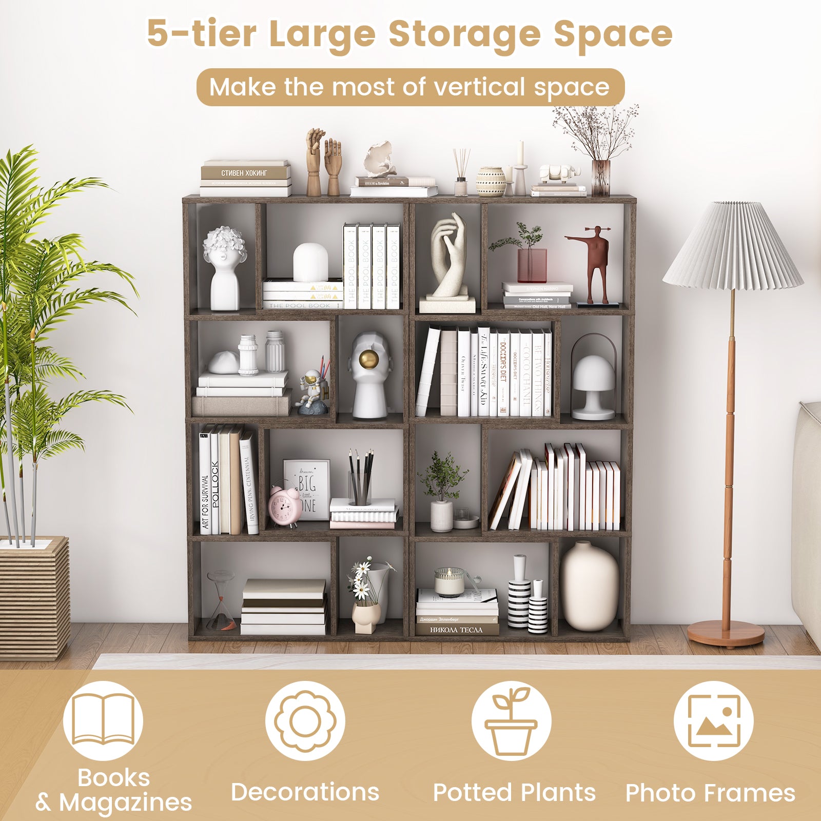 5-Tier Geometric Bookshelf with 8 Cubes Floor Standing Open Display-Grey