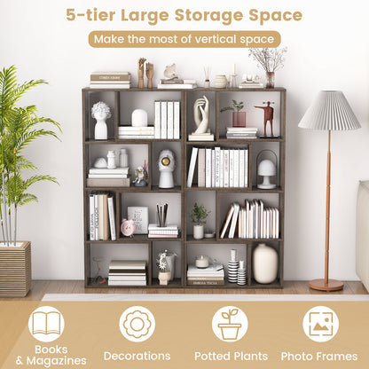 5-Tier Geometric Bookshelf with 8 Cubes Floor Standing Open Display-Grey