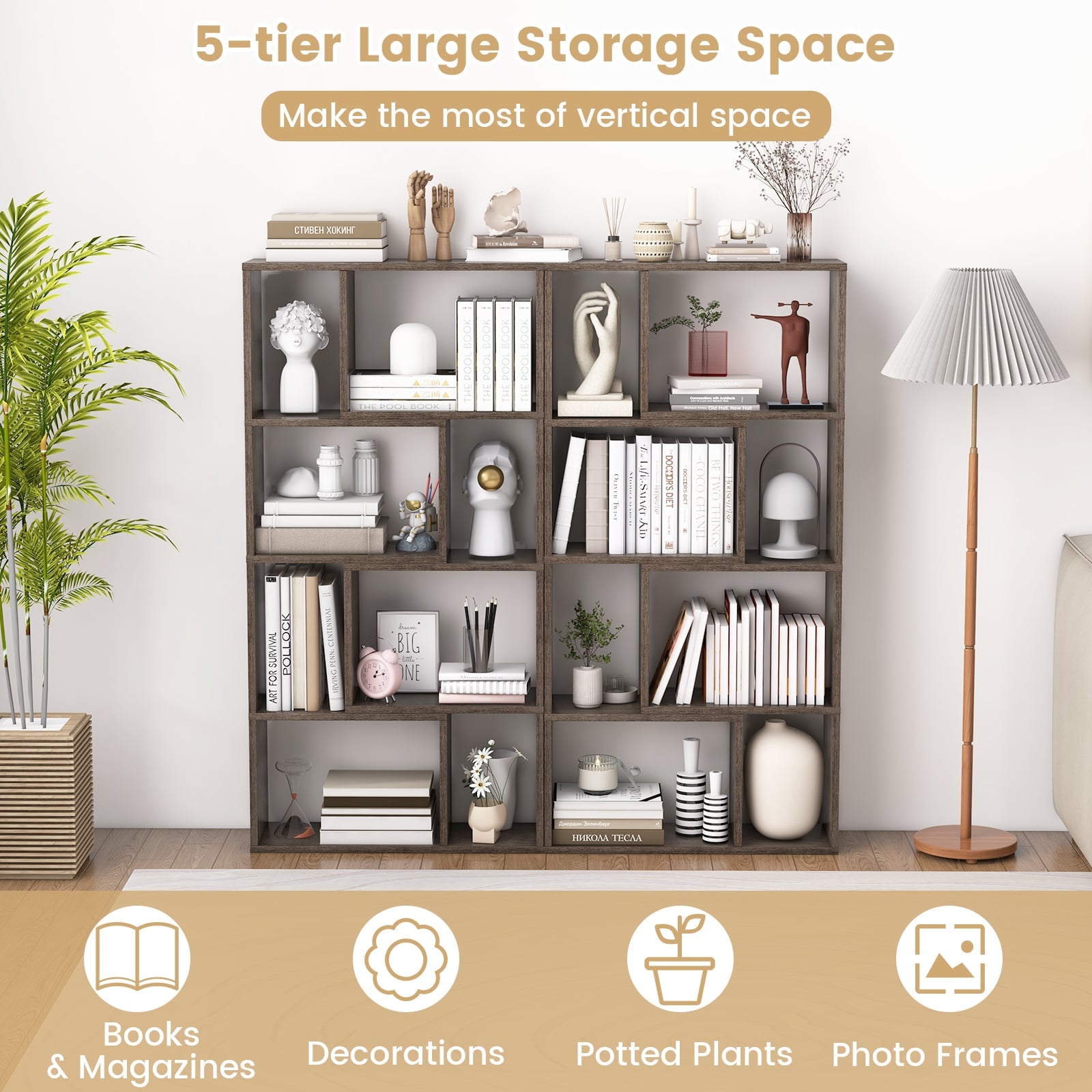 5-Tier Geometric Bookshelf with 8 Cubes Floor Standing Open Display-Grey